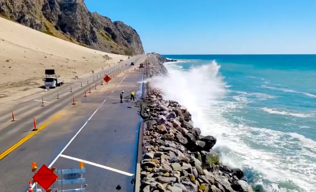 Crews construct Rock Slope Protection along State Route 1 at Thornhill Broome Beach.