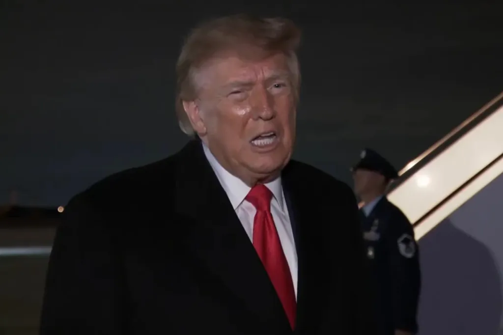 President Trump speaks to reporters after returning to Joint Base Andrews on Oct. 10, 2026. 