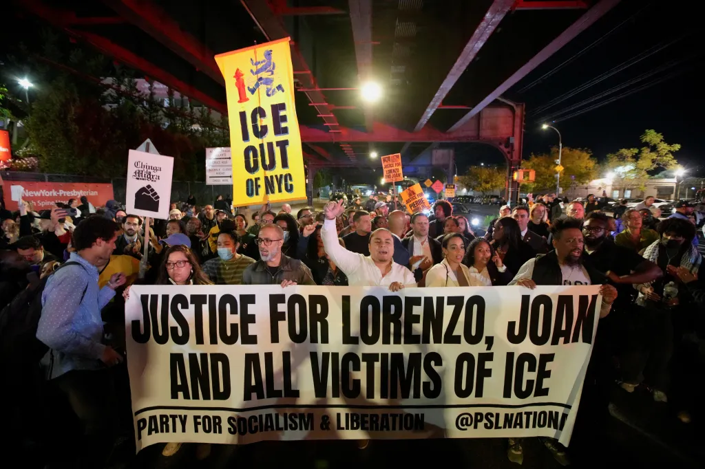 People participate in a demonstration in the Bronx borough of New York City following a shooting involving US Immigration and Customs Enforcement (ICE) officers.