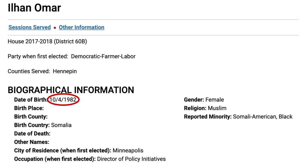 Screenshot of Ilhan Omar's legislative biography page with her birth date circled in red.
