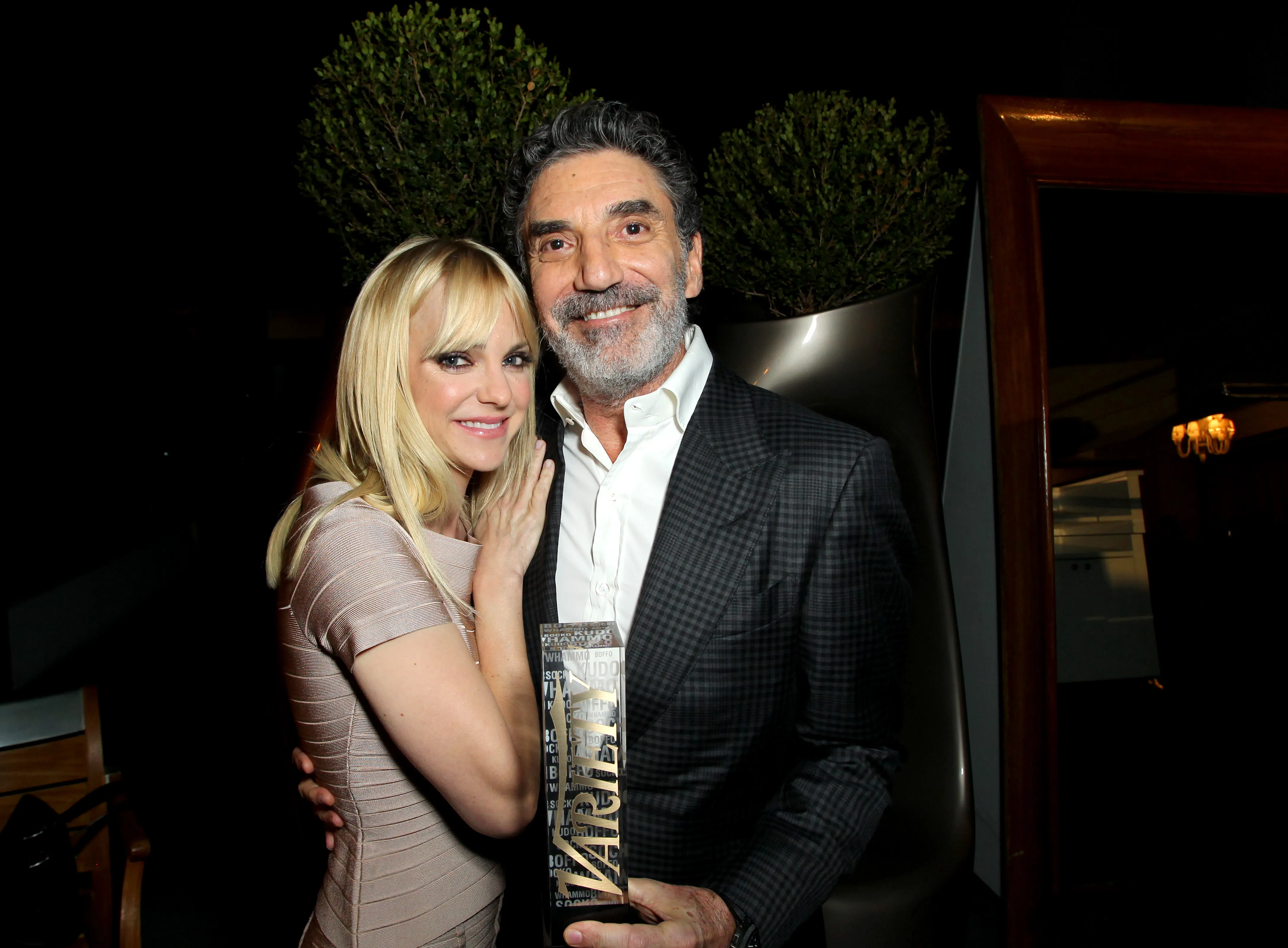 Chuck Lorre and Anna Faris pose together, with Lorre holding an award.
