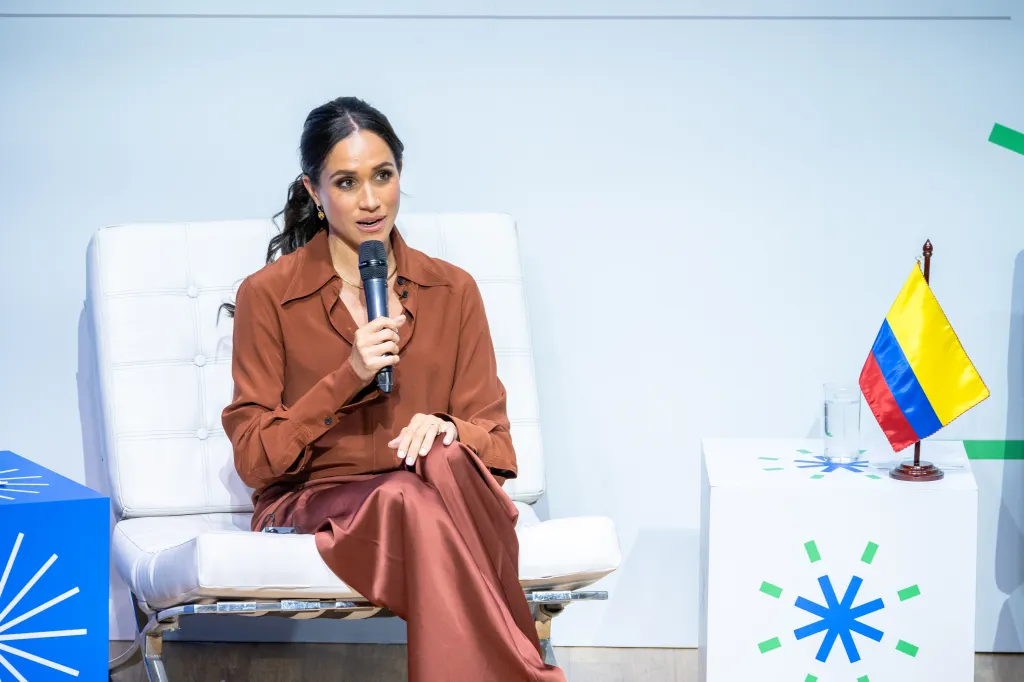 Meghan, Duchess of Sussex, speaks onstage at EAN University in Bogota.