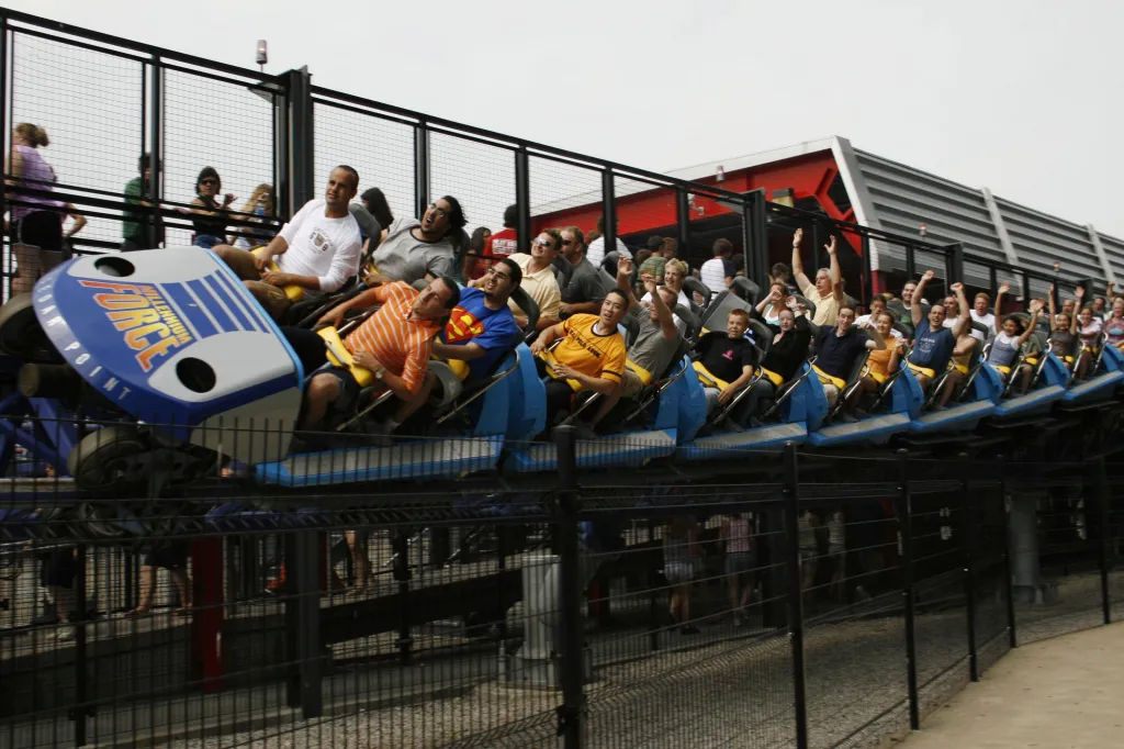 People ride Millennium Force, a roller coaster at Cedar Point in Sandusky, Ohio.