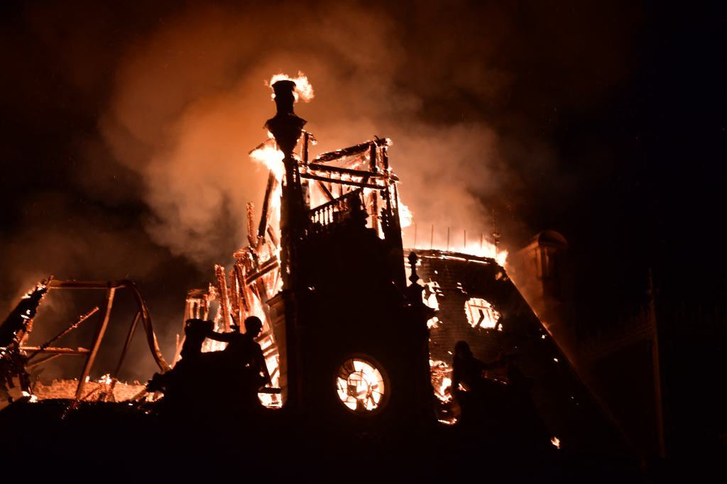 A fire burns and destroys the city hall during a protest in Limoges, France.