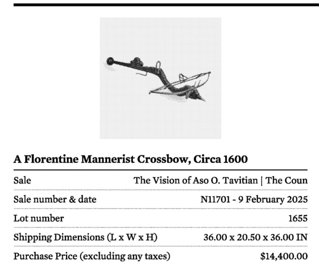 The fraudster doctor used some of the funds to purchase a $12,000 17th-century crossbow.