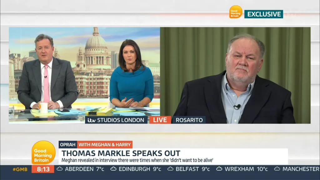 Piers Morgan and Susanna Reid interview Thomas Markle via video link on Good Morning Britain.
