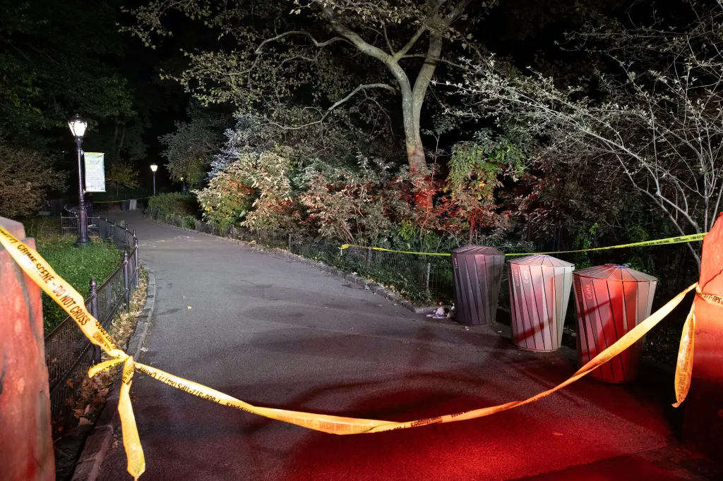 Police tape cordons off a pathway in Central Park at night following an assault.