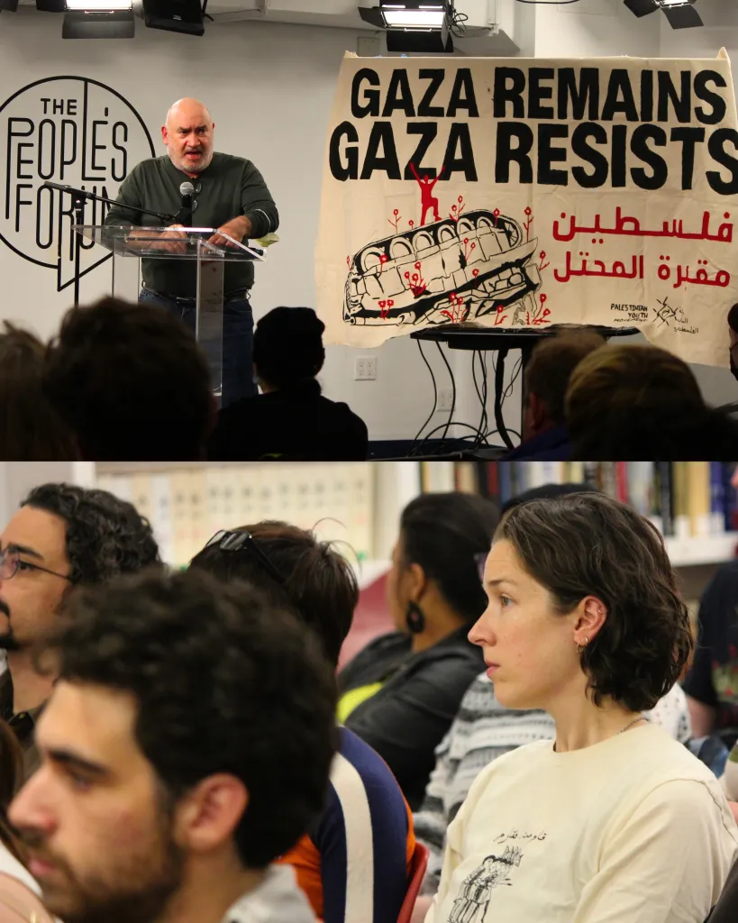 Collage of two images at The People's Forum: a man speaking at a podium next to a banner reading 