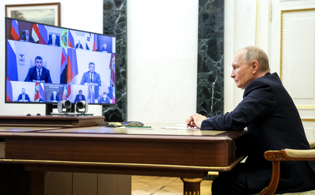 Russian President Vladimir Putin holds a meeting with newly elected regional governors via video link in Moscow, on Sept. 30, 2026.