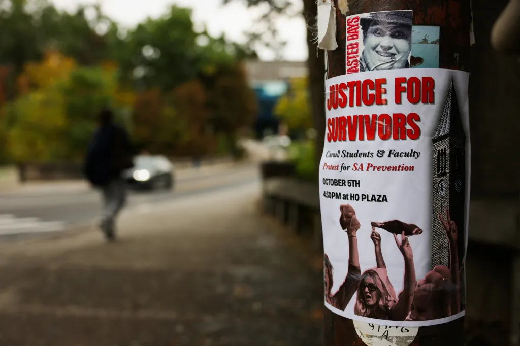 A poster advertising an upcoming protest for sexual assault prevention hangs on a post at Cornell University amid the Chi Phi lawsuit in Ithaca, on Oct. 1, 2026.