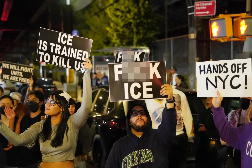 People protesting ICE outside the New York-Presbyterian Allen Hospital in New York.
