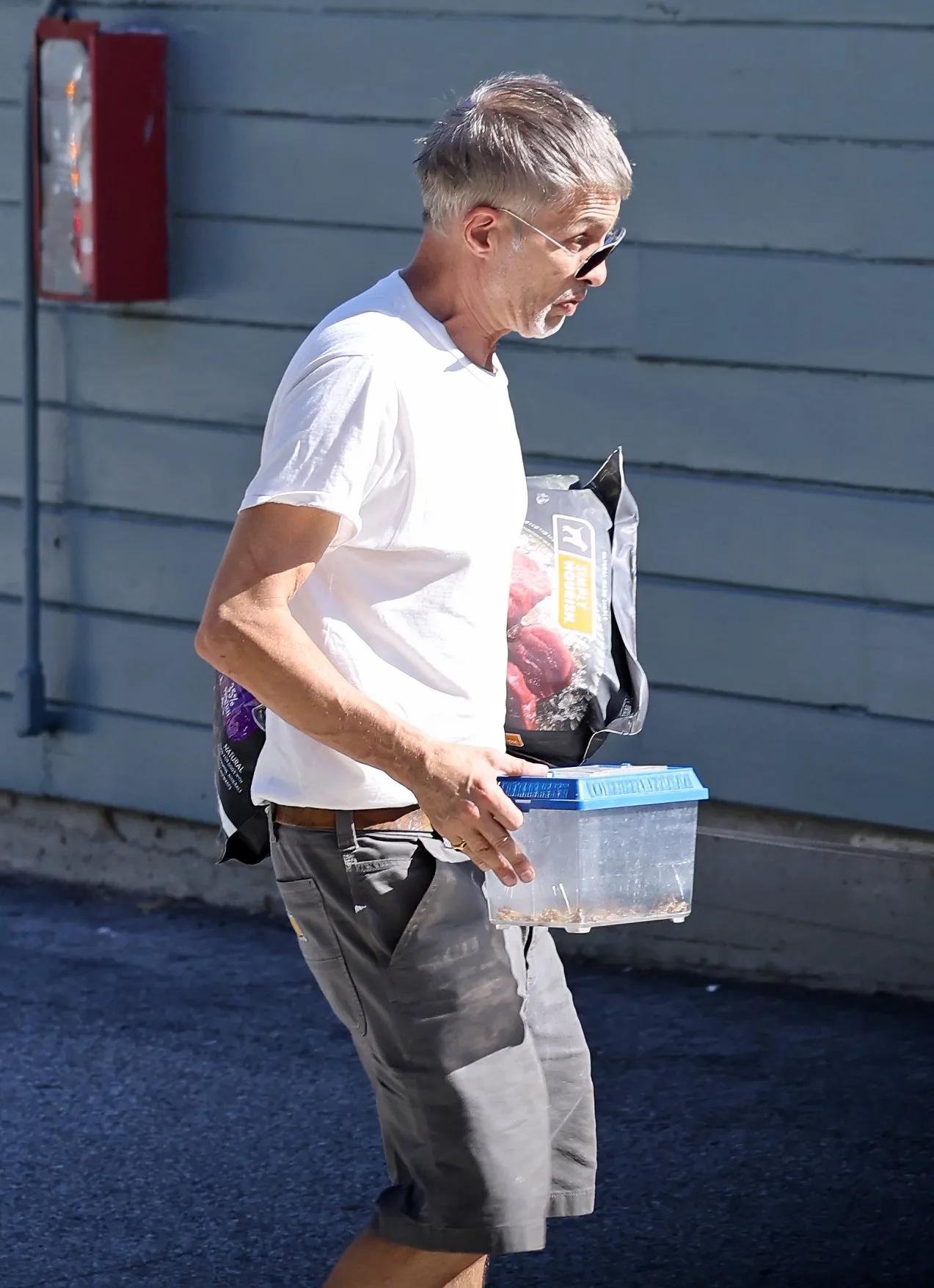 Olivier Martinez stepping out at his Los Angeles home carrying a plastic container and a bag of dog food.