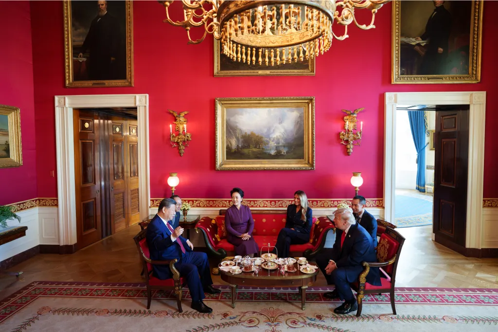 President Donald J. Trump and First Lady Melania Trump host Chinese President Xi Jinping and Madame Peng Liyuan for tea in the Red Room of the White House.