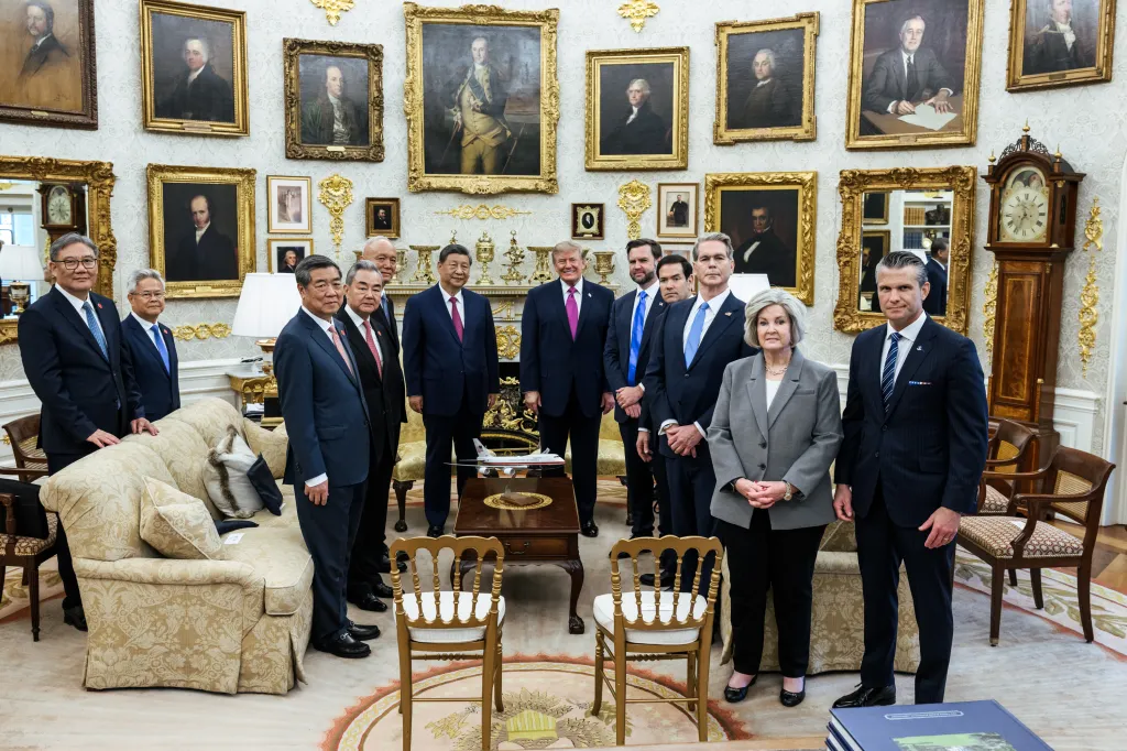 President Donald J. Trump and President Xi Jinping of China participate in a bilateral meeting with their delegations in the Oval Office.