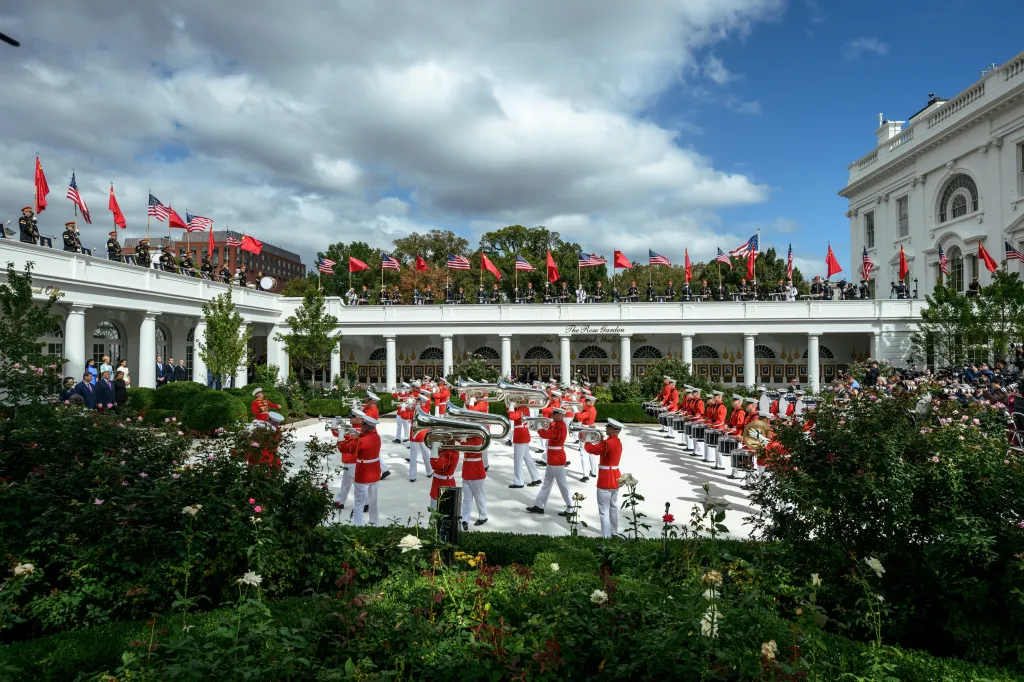 President Donald J. Trump, President Xi Jinping of China, First Lady Melania Trump and First Lady Peng Liyuan stand on the West Colonnade during an arrival ceremony.