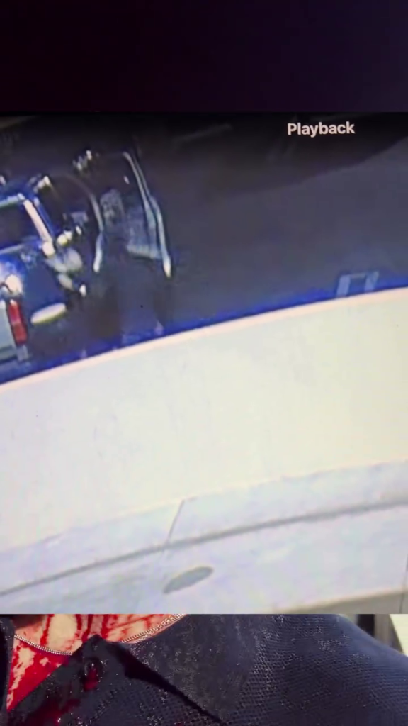 Surveillance footage showing Keegan Allen being robbed by a vehicle and a close-up of him covered in blood.