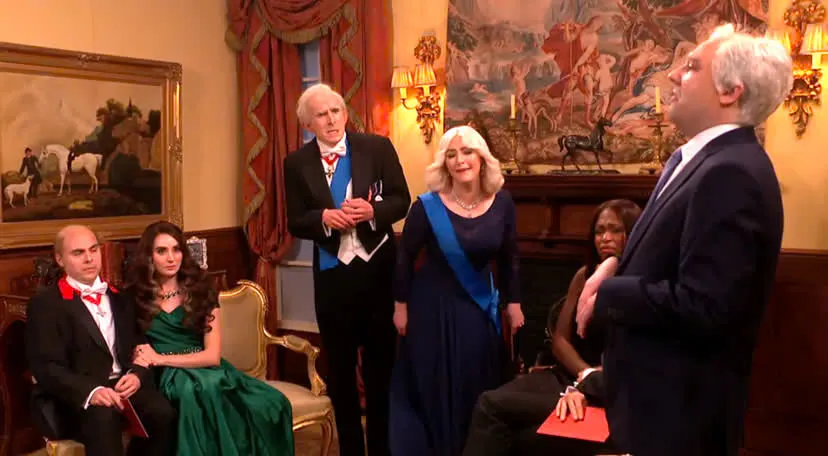 Actors dressed as Prince Andrew and the British royal family in a comedy sketch.