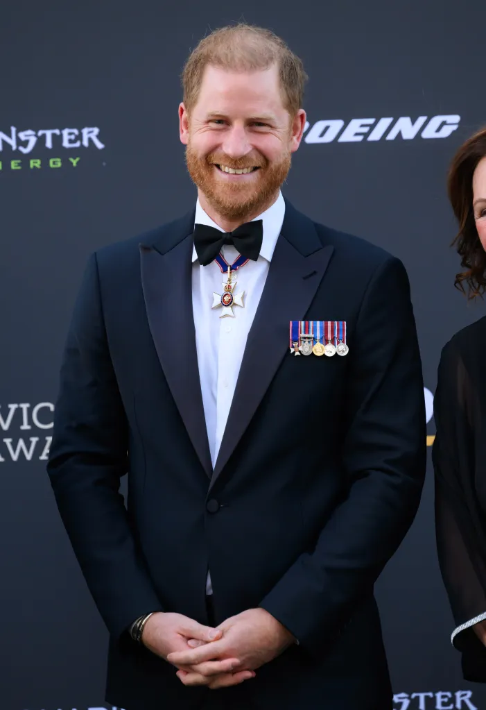 Prince Harry, Duke of Sussex, wearing a tuxedo with medals at the Invictus Spirit Awards.