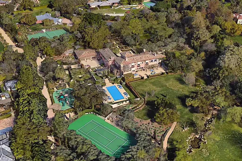 Aerial view of Prince Harry and Meghan's Montecito, CA home, featuring lush grounds, a pool, and a tennis court.