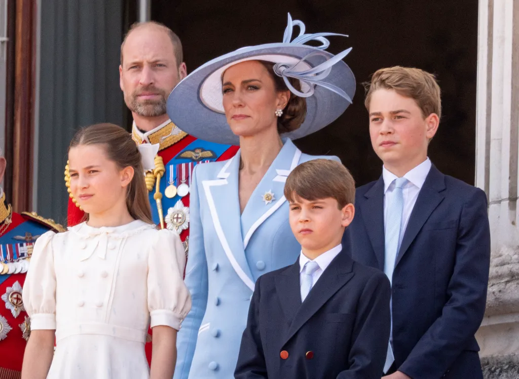 Prince William, Catherine, Princess of Wales, and their children Prince George, Princess Charlotte, and Prince Louis at Trooping the Colour.