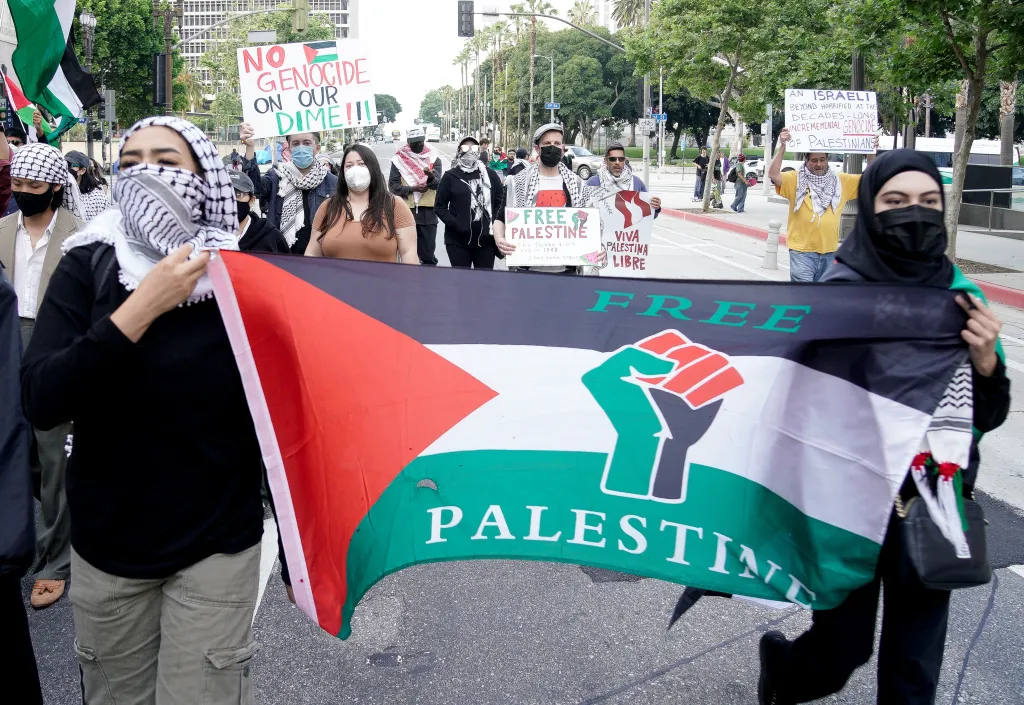Protestors marching in the street carry Palestinian flags and signs with slogans like 