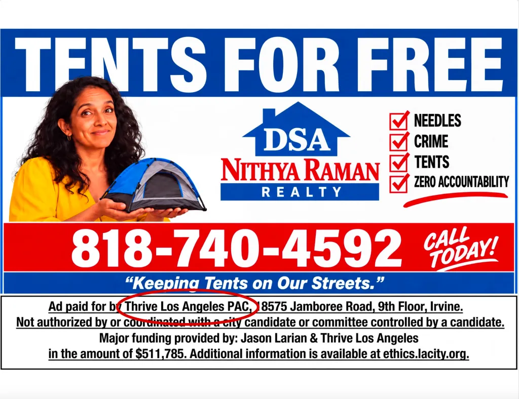 Political attack ad by Thrive LA mocking Nithya Raman's record on homelessness.