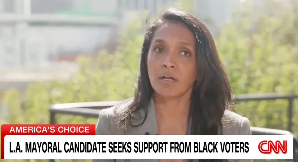 Nithya Raman speaking with a CNN graphic reading 
