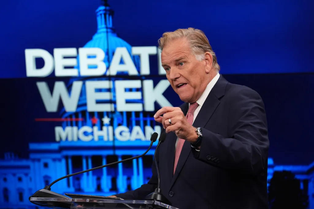 Republican nominee for U.S. Senate Mike Rogers speaks at a televised debate in Grand Rapids, Mich.