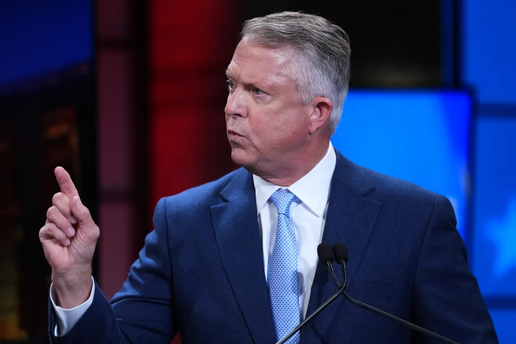 Republican Sen. Roger Marshall gestures while speaking at a debate in Kansas City, Mo.