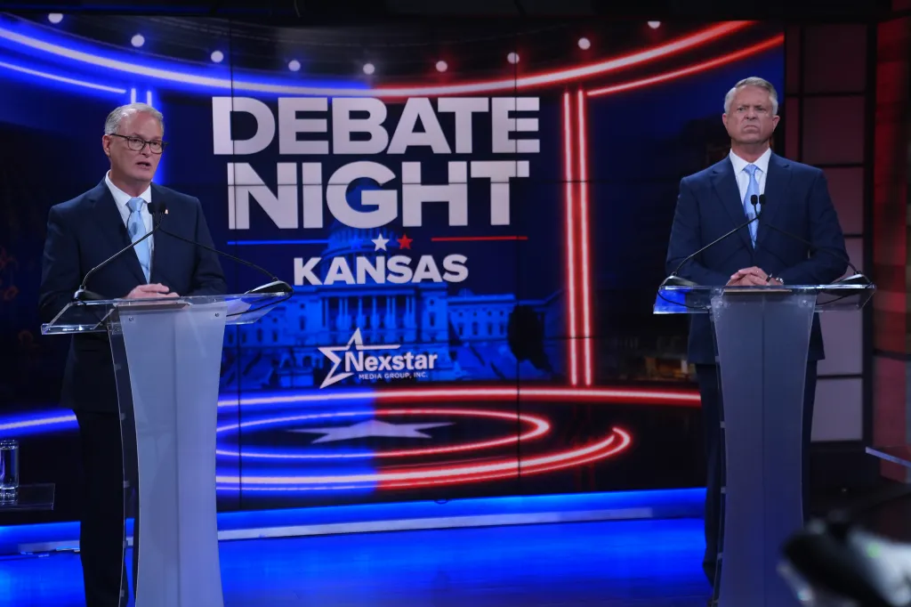 Republican Sen. Roger Marshall and Democratic Senate nominee Adam Hamilton participate in a debate at WDAF TV in Kansas City.