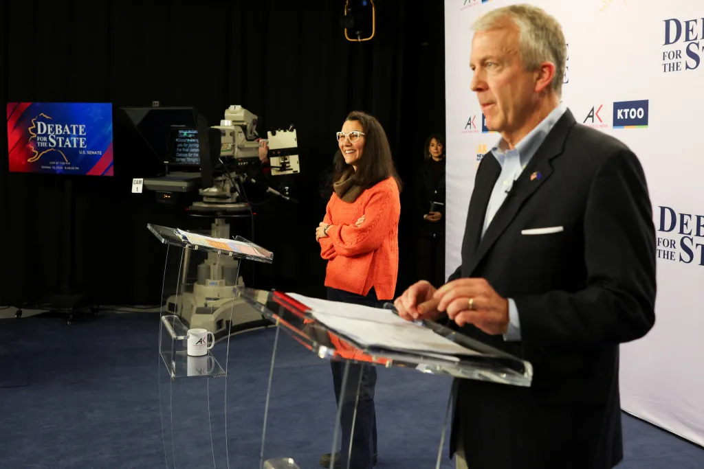 Republican U.S. Sen. Dan Sullivan and Democratic U.S. Senate candidate Mary Peltola participate in a debate in Anchorage.