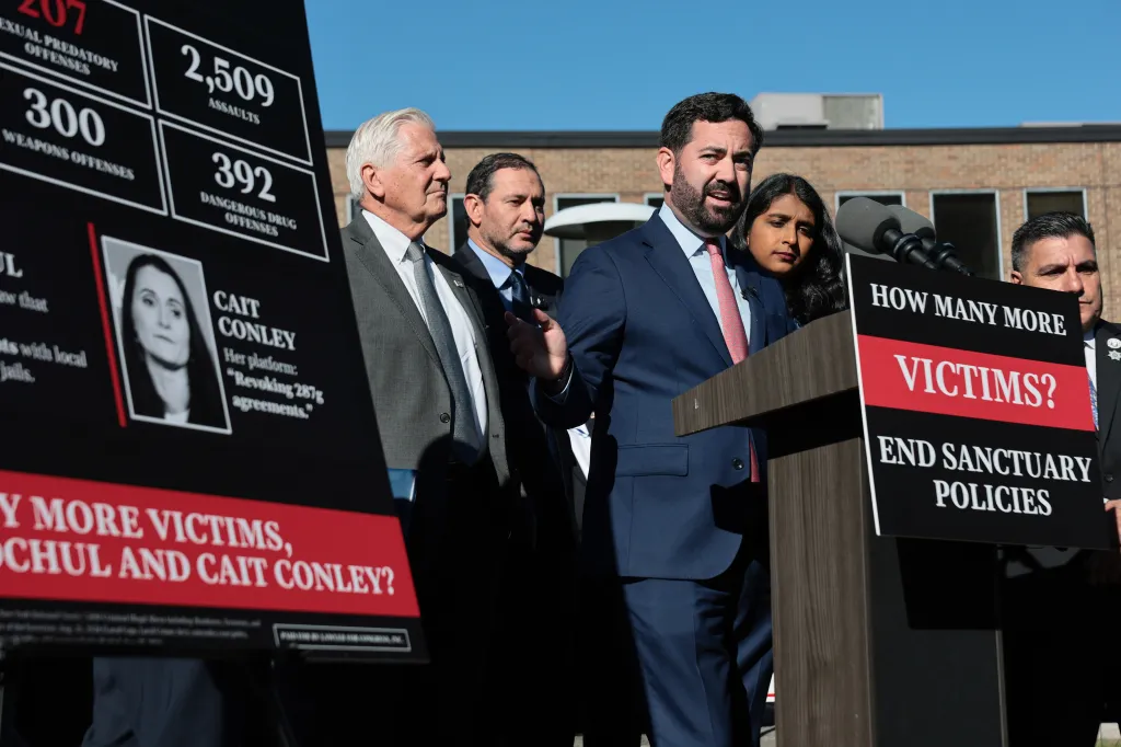 Rep. Mike Lawler speaks during a press conference on Gov. Kathy Hochul's sanctuary policies in front of the New Castle Courthouse, on Oct. 6, 2026, in Chappaqua, NY.