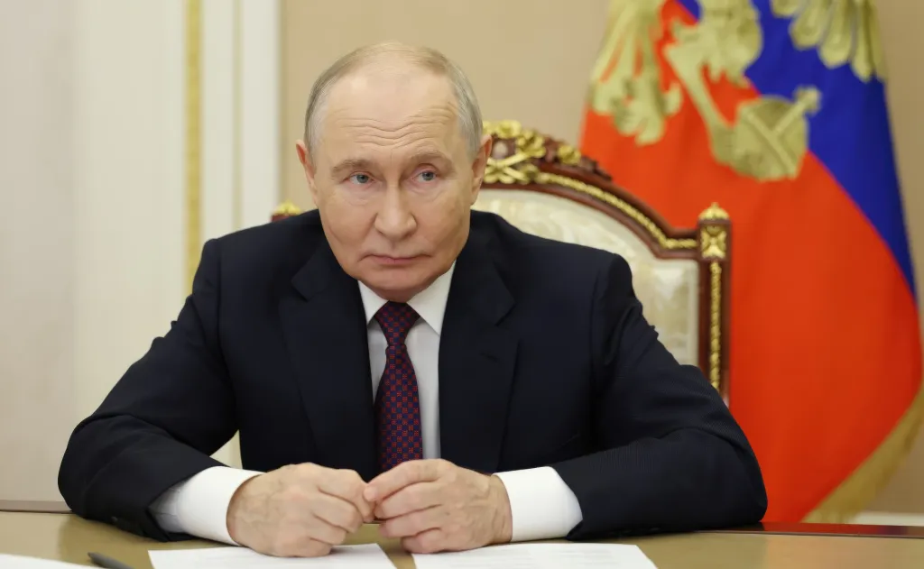 Russian President Vladimir Putin attends a remote ceremony opening a facility in the settlement of Zhatay, from the Kremlin in Moscow, on Saturday.
