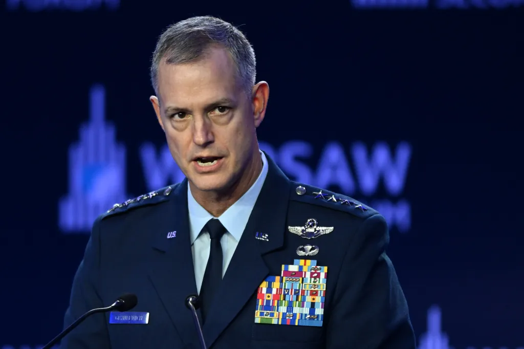 NATO Supreme Allied Commander Europe (SACEUR) Gen. Alexus G. Grynkewich speaks during a panel titled 'Theory of Victory: How Do We Achieve Military Success Against Russia in Deterrence and Defence?' on the first day of the Warsaw Security Forum on the Warsaw Stage in Warsaw, Poland, on Monday.