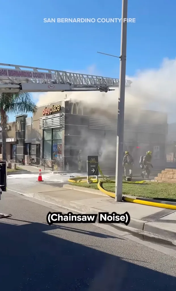 San Bernardino County Fire crews working at the scene of a fire at a McDonald's restaurant.