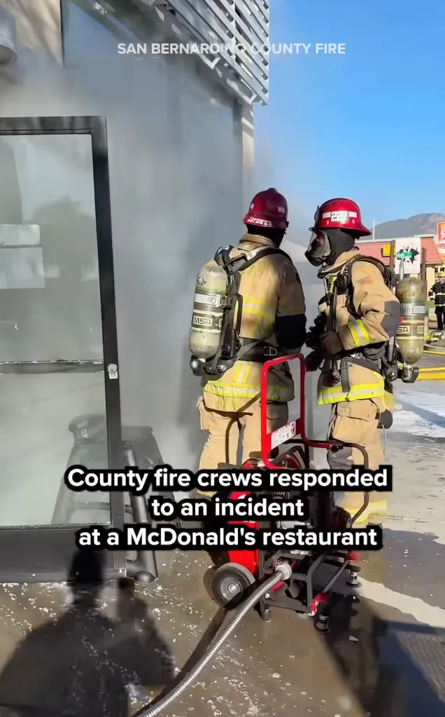 San Bernardino County Fire crews working at the scene of a fire at a McDonald's restaurant.
