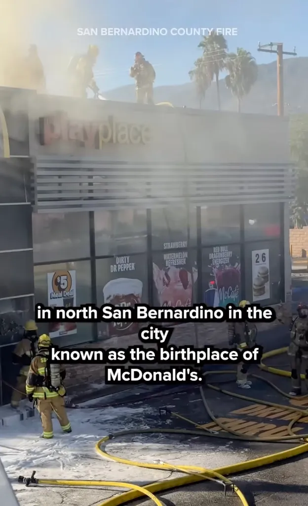 San Bernardino County Fire crews working at the scene of a fire at a McDonald's restaurant.