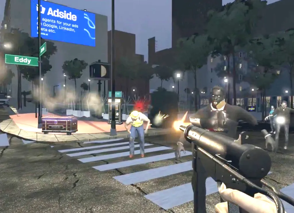 Screenshot of a browser-based zombie shooter game set on San Francisco streets, featuring a first-person view of a submachine gun firing at zombies in a crosswalk.