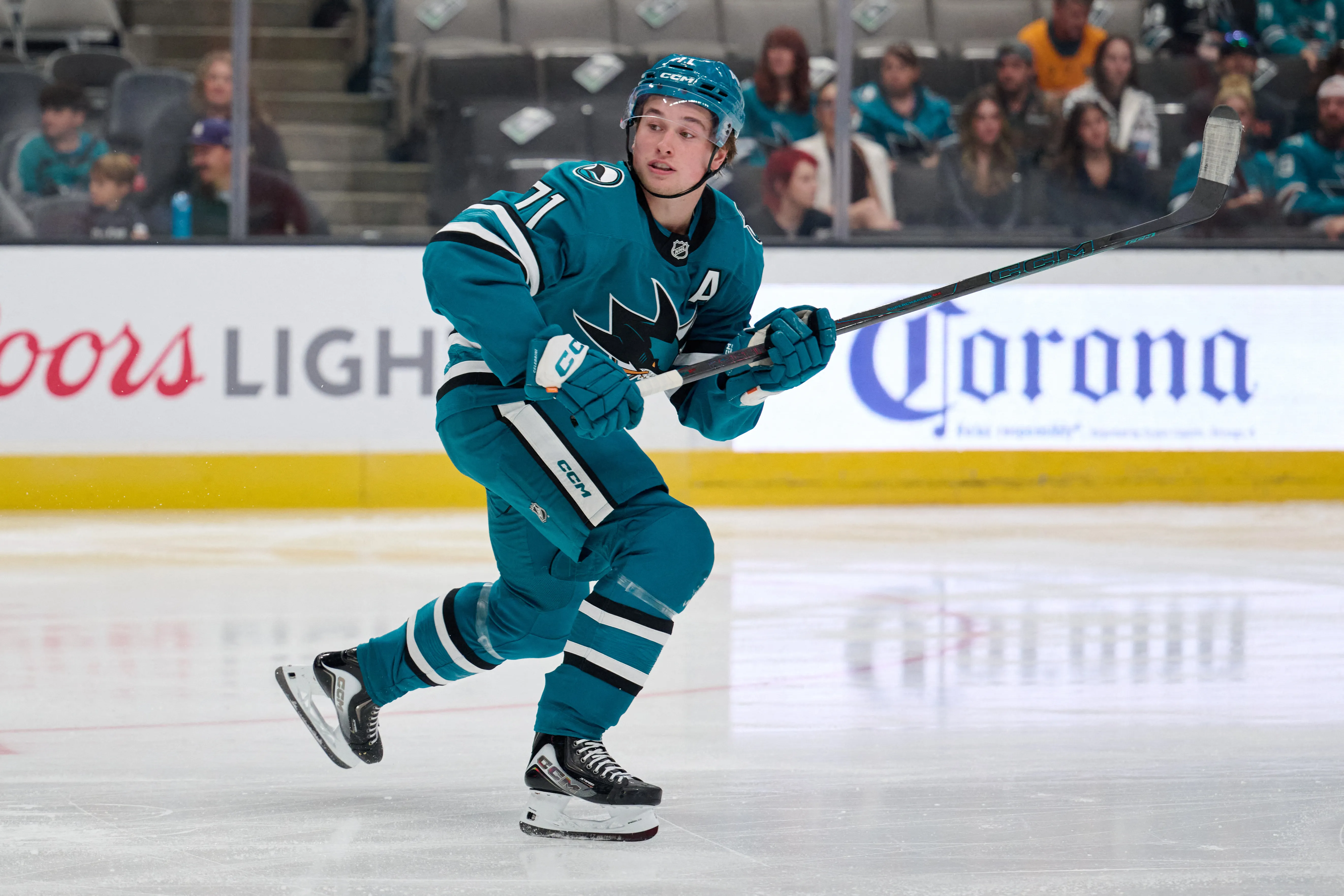 Sep 24, 2026; San Jose, California, USA; San Jose Sharks center Macklin Celebrini (71) skates against the Anaheim Ducks during the first period at SAP Center at San Jose. Mandatory Credit: Robert Edwards-Imagn Images