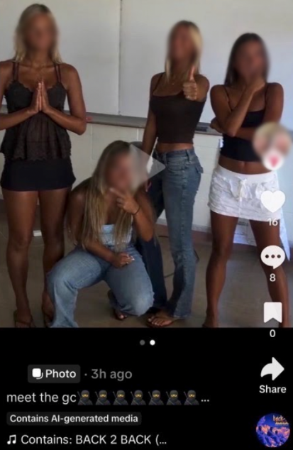 A screenshot of a social media post showing four female students posing indoors with artificially darkened skin, accompanied by a caption reading 