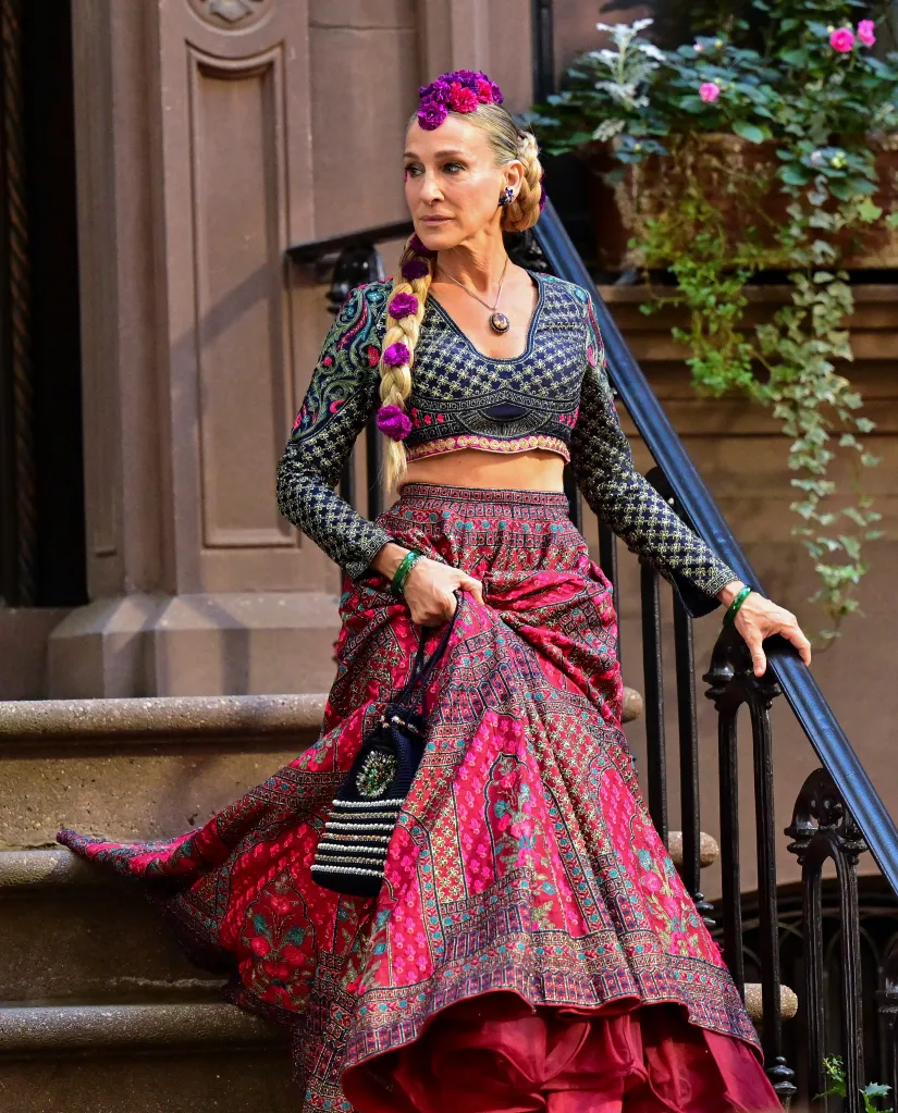 Sarah Jessica Parker wearing a traditional lehenga on the set of 
