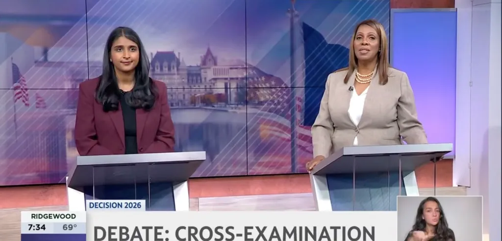 Saritha Komatireddy and Letitia James standing behind debate podiums during a televised debate.