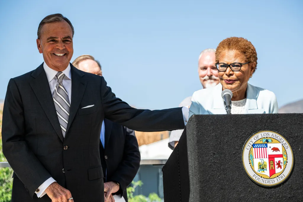 Mayoral candidates Karen Bass and Rick Caruso at a press conference.
