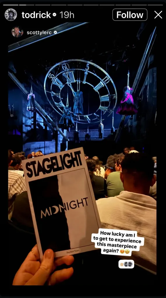 A person holding a playbill for the Off-Broadway musical 'Midnight' in a crowded theater.