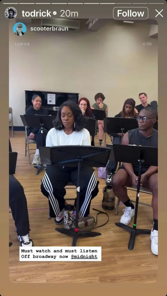 Scooter Braun and Todrick Hall with the cast of the Off-Broadway musical 'Midnight' during rehearsal.