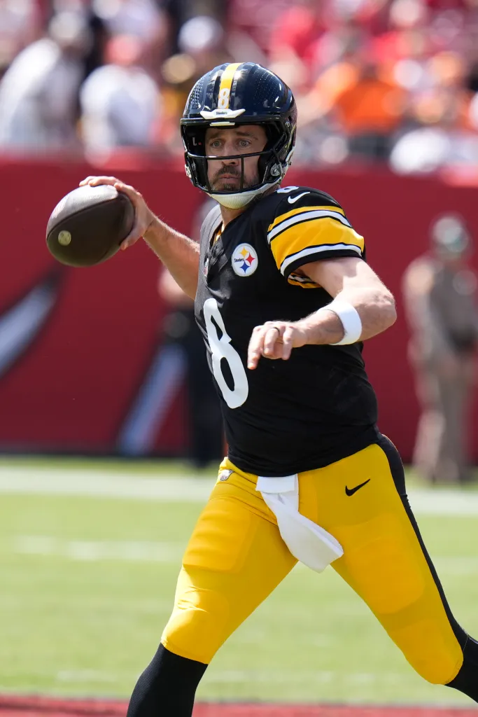 Pittsburgh Steelers quarterback Aaron Rodgers prepares to throw a pass during a game.