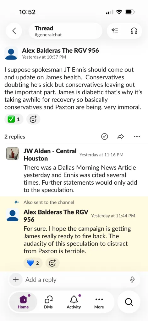 A screenshot of a messaging app thread with a discussion about James's health, featuring messages from Alex Balderas and JW Alden.
