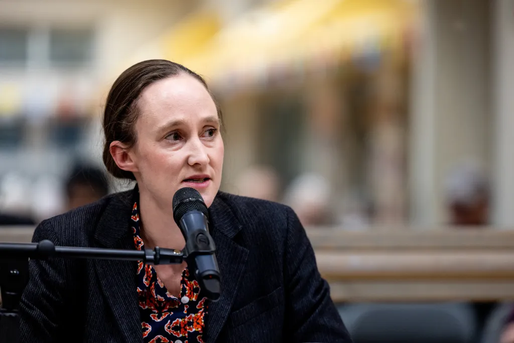 Seattle mayoral candidate Katie Wilson speaks at a climate forum.