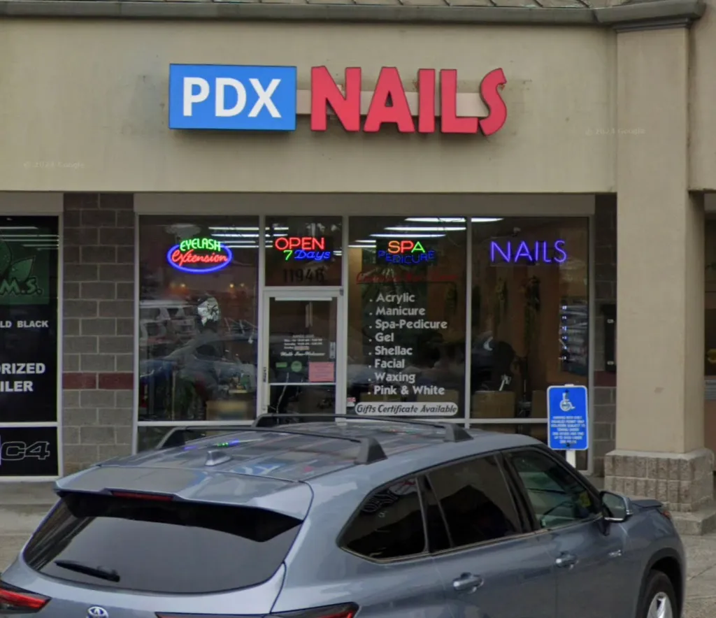 Exterior view of PDX Nails located on Northeast Glisan Street in Portland, Oregon.