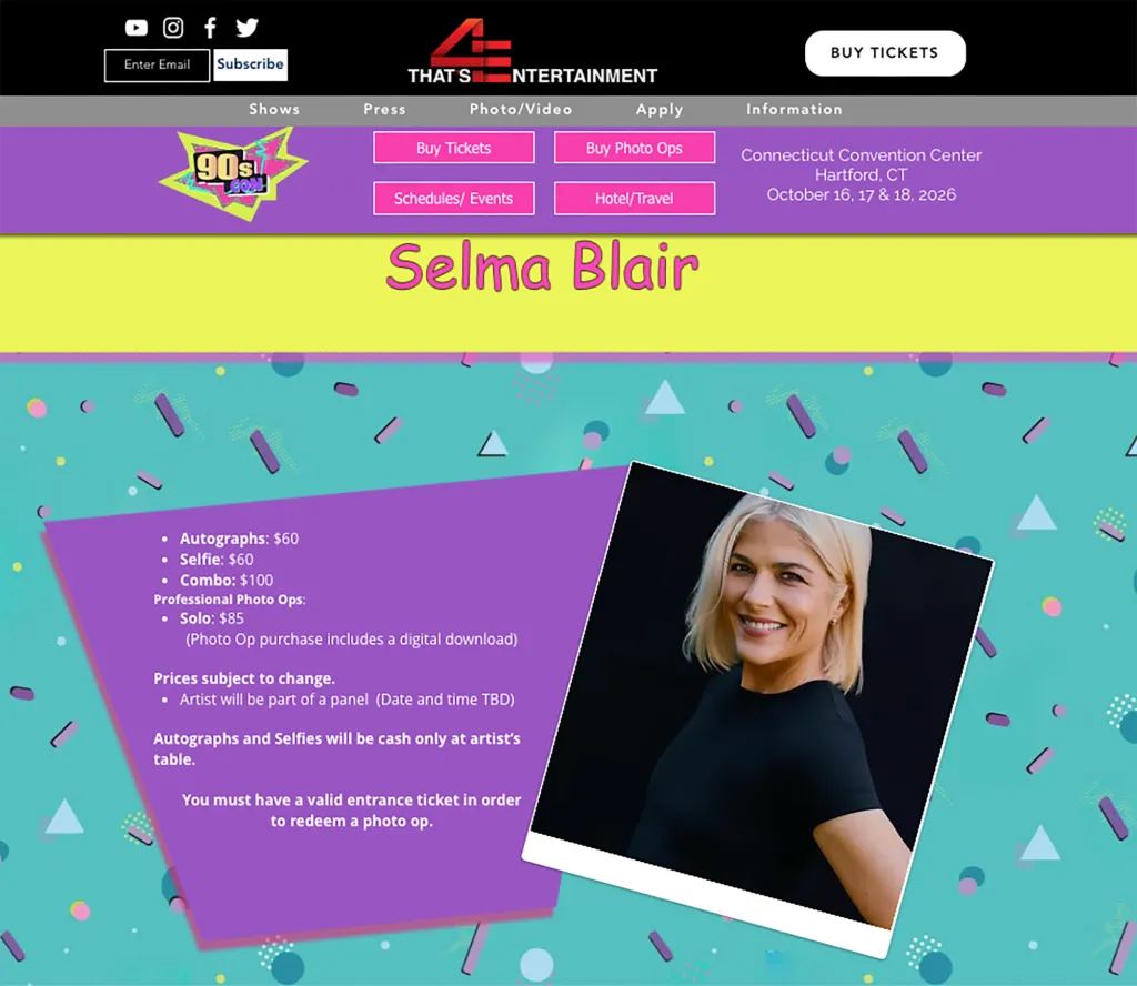 Selma Blair's 90s Con appearance details, including pricing for autographs, selfies, and photo ops, alongside a photo of Selma Blair.